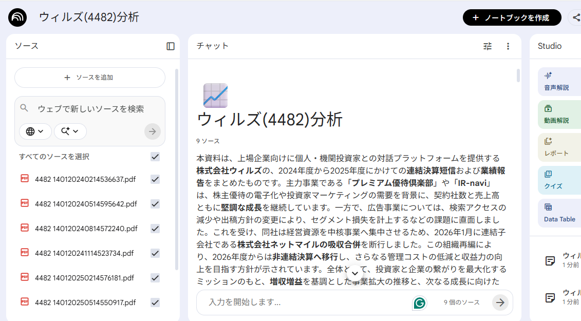 NotebookLMで銘柄分析｜ウィルズ(4482)のCF生成力・DOE・ROICをAI判定した結果